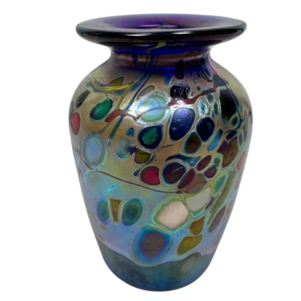 Rick Hunter Art Glass Vase Carnival Glass Cobalt Blue Gold Spots Swirls Colorful